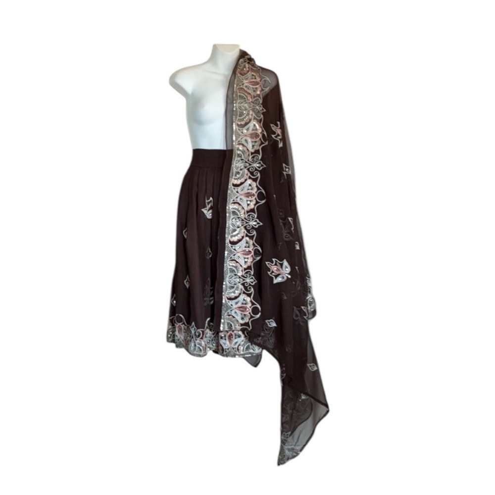 VTG SEQUINED SKIRT/SHAWL Matching dark brown chiffon, sequins/embroidery M